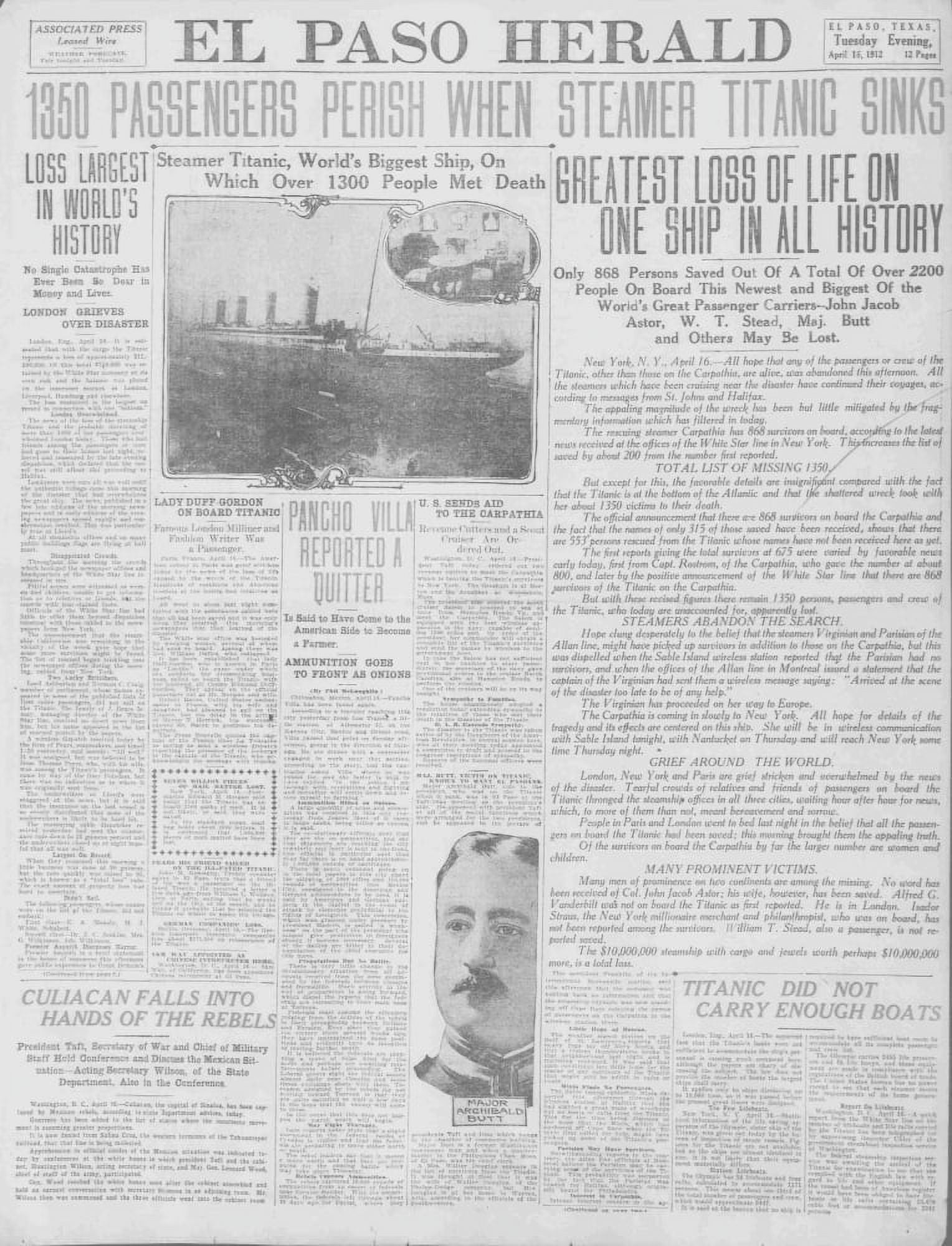 Newspaper El Paso Herald 16 April 1912 1350 Passengers perish Canvas Art - (24 x 36)