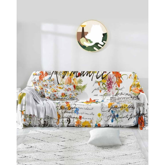 Newspaper Floral Sofa Covers for 3 Cushion,Washable Couch Cover for Sectional Sofa Slipcoverwith Tassel,Vintage Botanical Flower Plant White Loveseat Covers Futon Cover Throw Blanket 71''x118''
