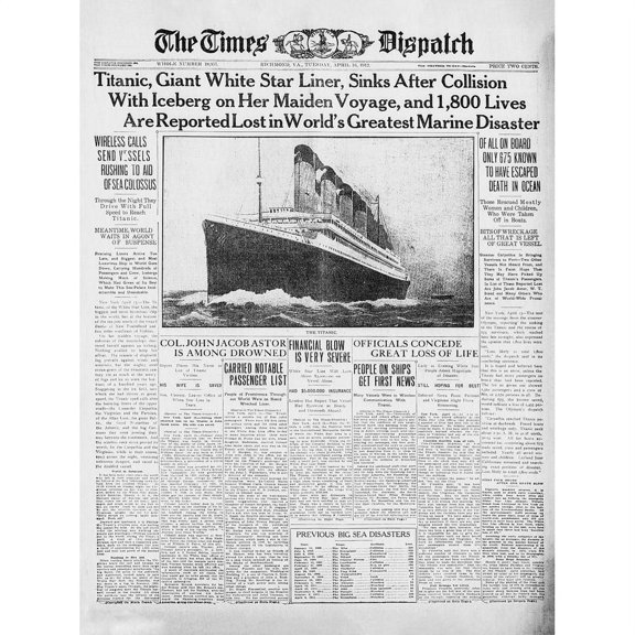 Newspaper Front Sheet Page Titanic Disaster 1912 Times Despatch Unframed Wall Art Print Poster Home Decor Premium