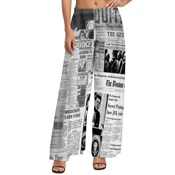 Newspaper Headlines Pants High Waist Oversize Historic Moon Landing Kawaii Trousers Summer Women Streetwear Print Wide Leg Pants