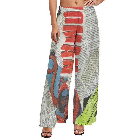 Newspaper Headlines Pants High Waist Oversize Historic Moon Landing Kawaii Trousers Summer Women Streetwear Print Wide Leg Pants