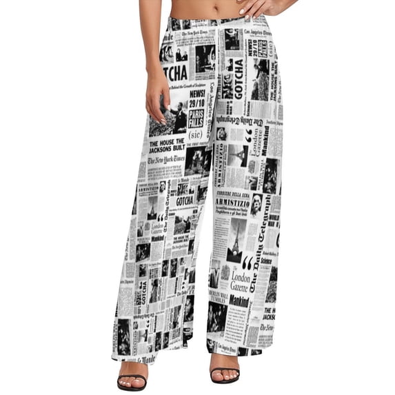 Newspaper Headlines Pants High Waist Oversize Historic Moon Landing Kawaii Trousers Summer Women Streetwear Print Wide Leg Pants