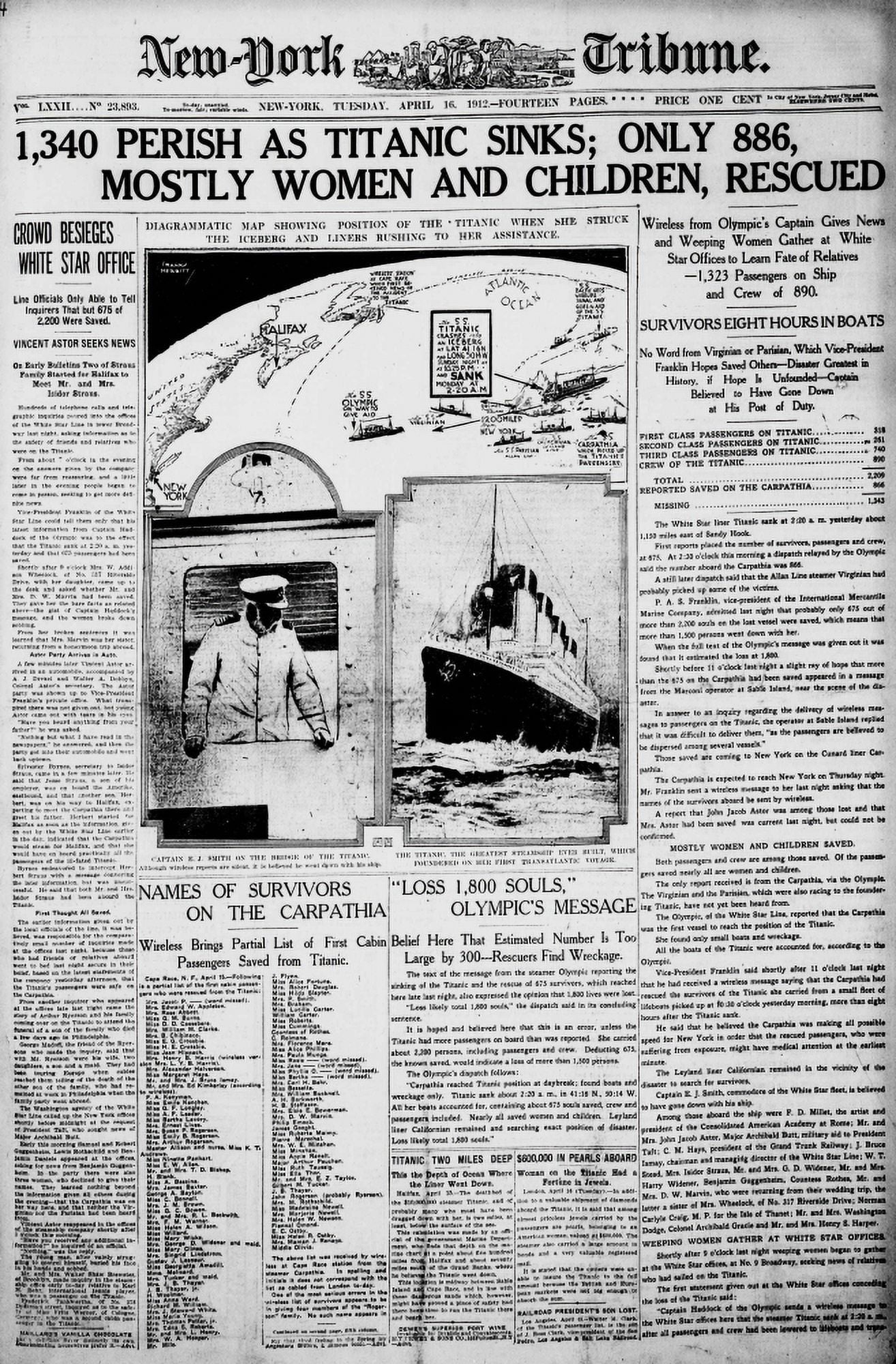 Newspaper New York Tribune 16 April 1912 Titanic headline Canvas Art - (18 x 24)