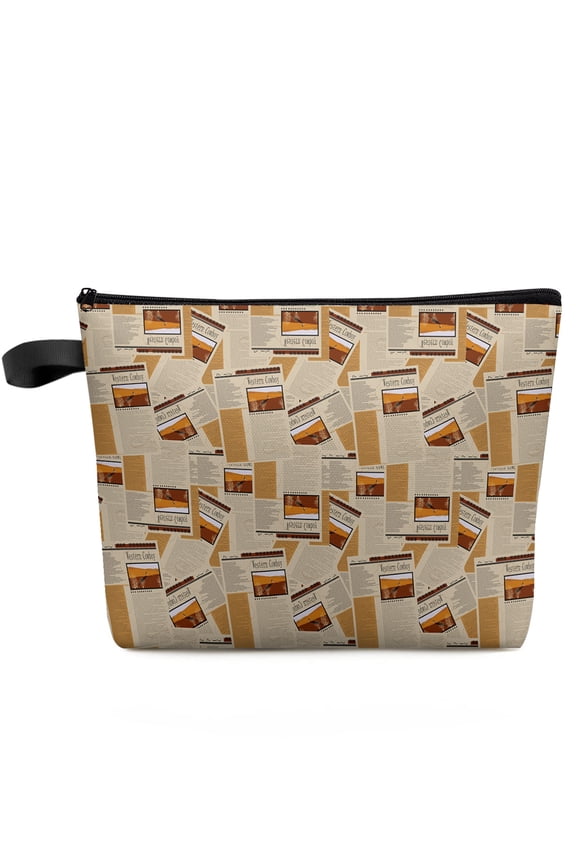 Newspaper Overlay Text Hat Shadow Large Capacity Travel Cosmetic Bag Portable Makeup Storage Pouch Women Waterproof Pencil Case