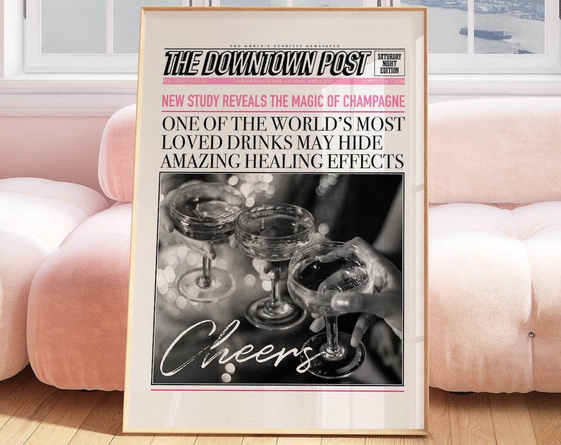 Image showcasing Newspaper Poster Retro Decor Trendy Retro Wall Art, Champagne Wall Art ...