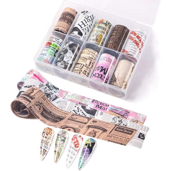 Newspaper Print Nail Art Foils Transfer Stickers 10Pcs Newspaper Print Nail Foils Adhesive Decals Nail Art Supplies Laser Starry Sky Paper Manicure Accessories for Women Fall Nail Art Decorations