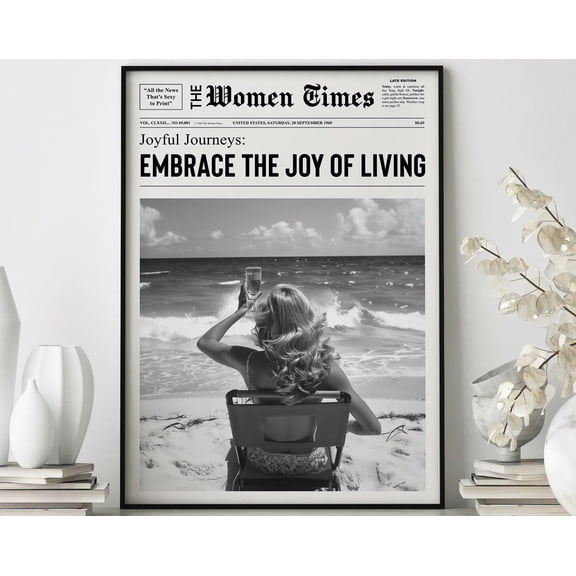 Newspaper Print Poster Women Times Beach Scene Black And White Art