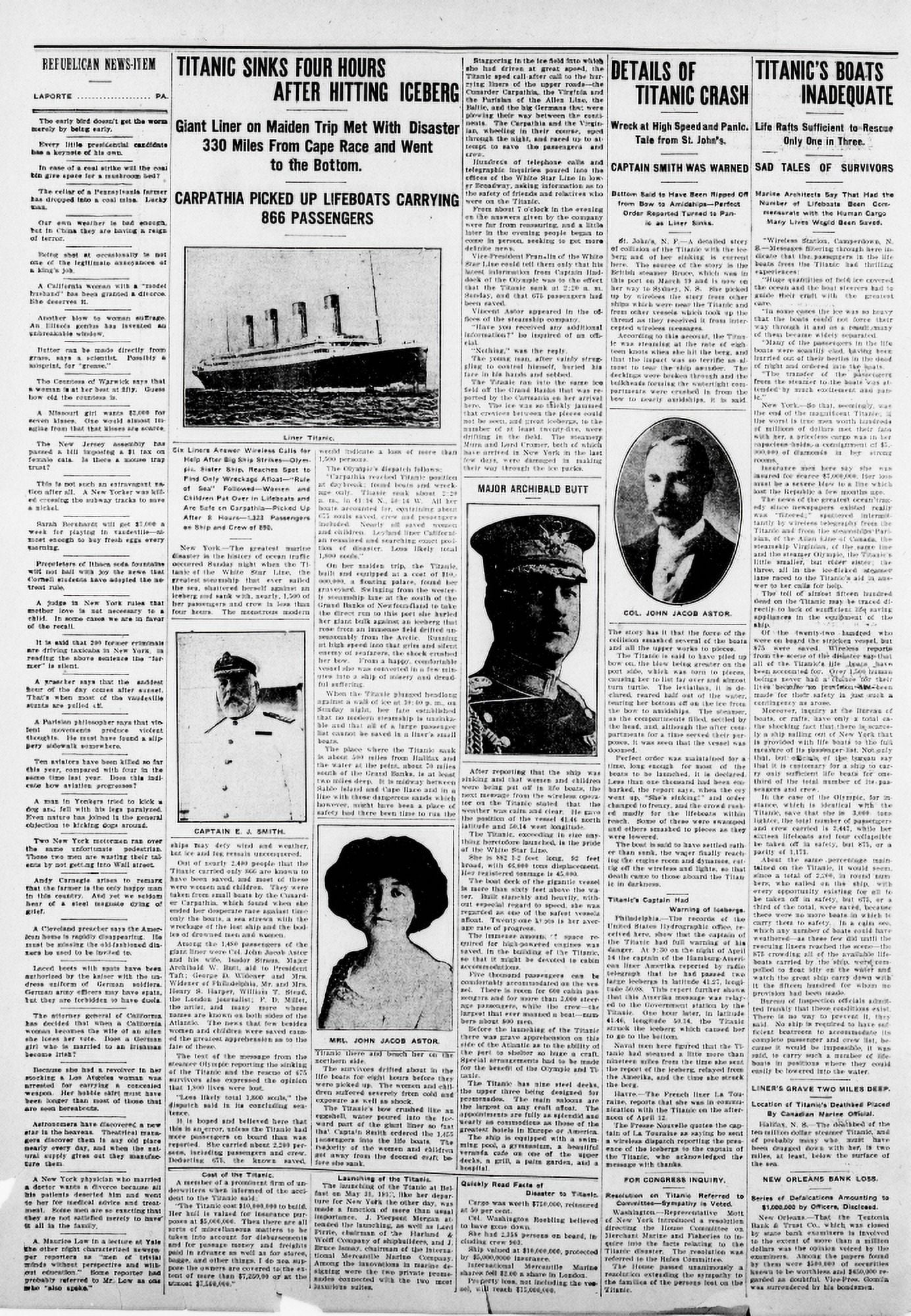 Newspaper Republic News item 18 April 1912 Titanic sinks 4 hours after hitting iceberg Canvas Art - (18 x 24)