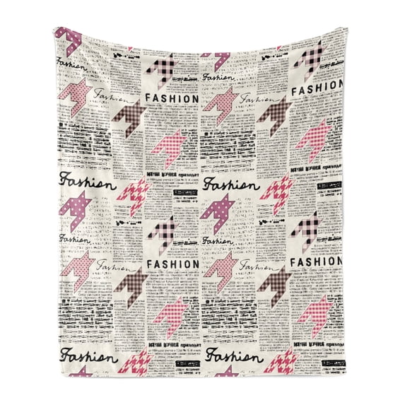 Newspaper Soft Flannel Fleece Blanket, Retro Style Newspaper Pages with Colorful Ornamental Elements Illustration, Cozy Plush for Indoor and Outdoor Use, 60" x 80", Black White Pink, by Ambesonne