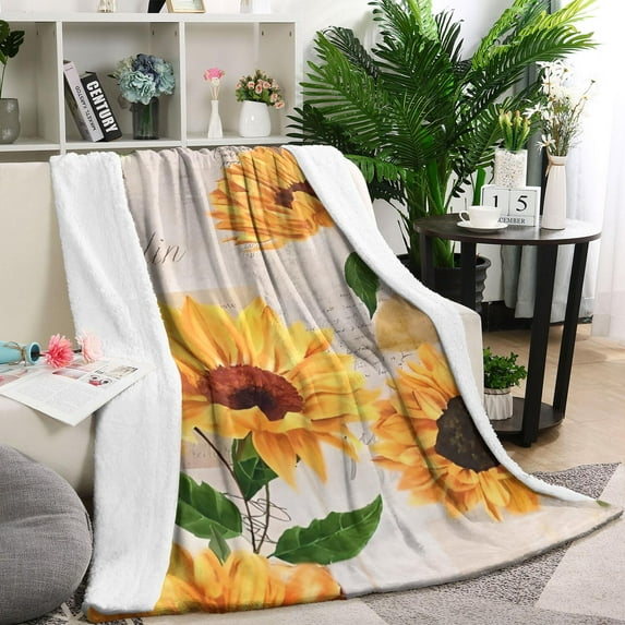Newspaper Text Sunflower Pattern Blanket,Comfortable Soft Flannel Throw Blanket,All Season,Warm Lightweight Blankets for Sofa Bed Couch Living Room Chair,60"x80"
