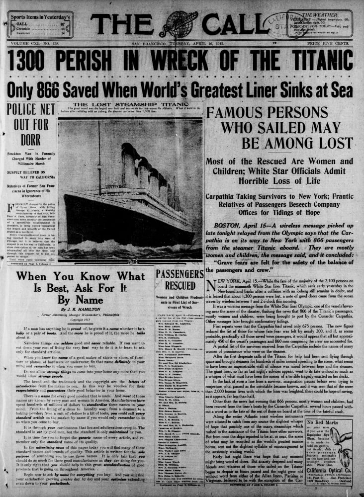 Newspaper The Call 16 April 1912 Titanic headline Canvas Art - (18 x 24)