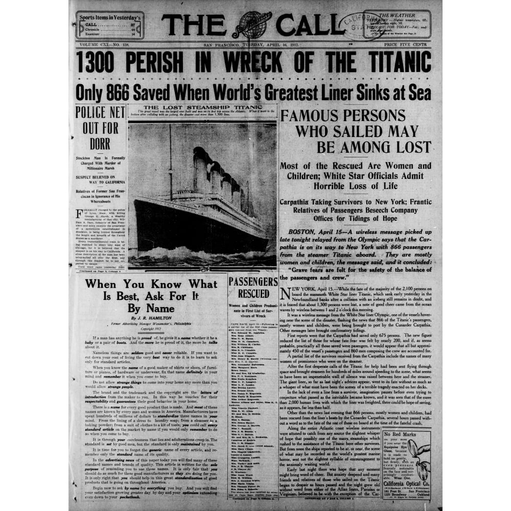 Newspaper The Call 16 April 1912 Titanic headline Poster Print
