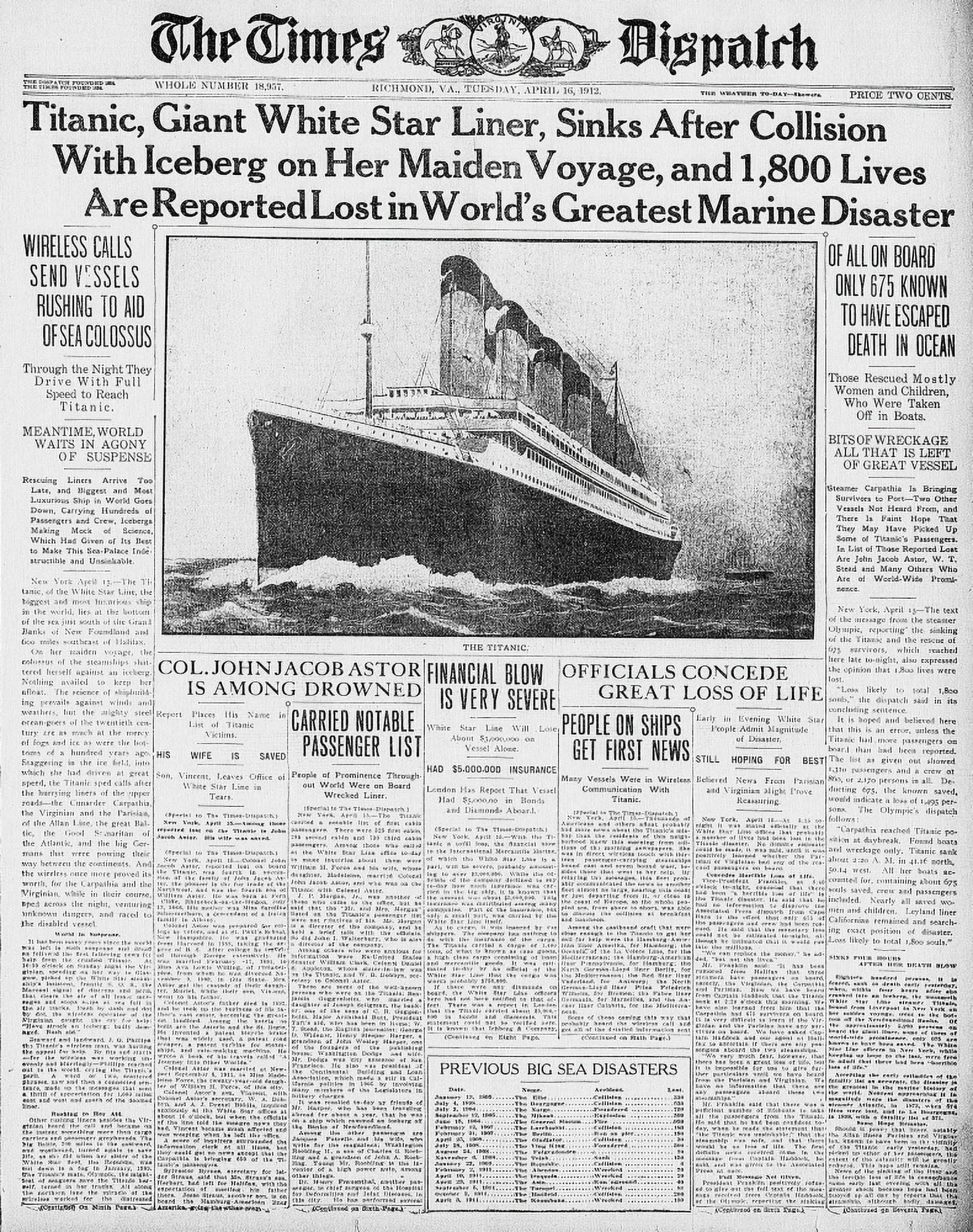 Newspaper The Times Despatch 16 April 1912 Titanic sinks after collision Canvas Art - (18 x 24)