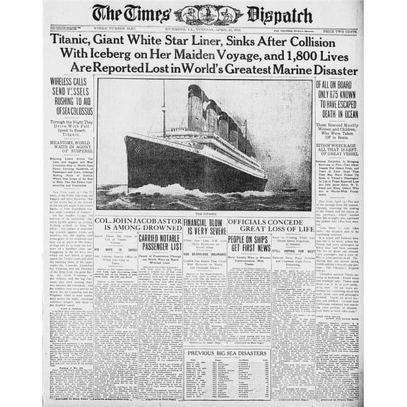 Newspaper The Times Despatch 16 April 1912 Titanic sinks after collision Poster Print