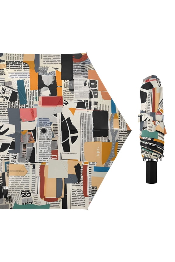 Newspapers Collage All Weather Umbrella Triple Folding Parasol 6 Ribs UV Protection Portable