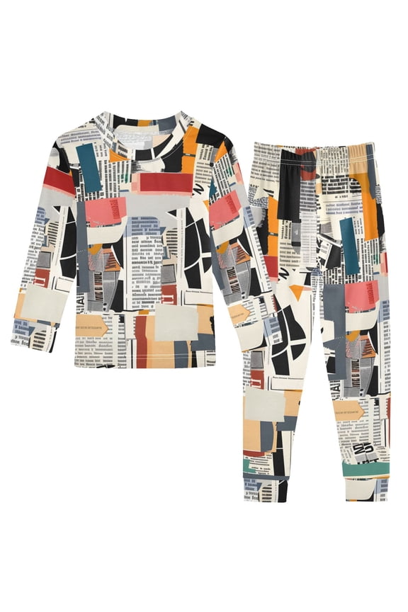 Newspapers Collage Cotton Pajama Set Long Sleeve Top and Pants Sleepwear Unisex 3T