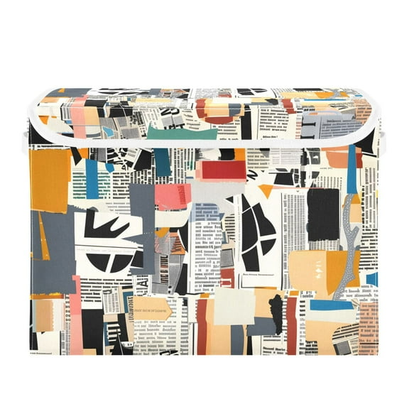 Newspapers Collage Foldable Storage Bin with Lid and Handle Collapsible Storage Box 16.5 x 12.6 x 11.8 inches