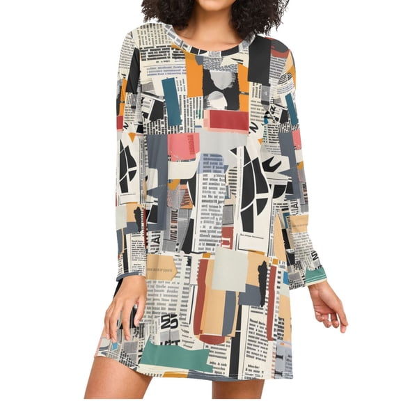 Newspapers Collage Women's Long Sleeves Nightgowns Sleepwear Soft Pajama A-line Sleep Dress S