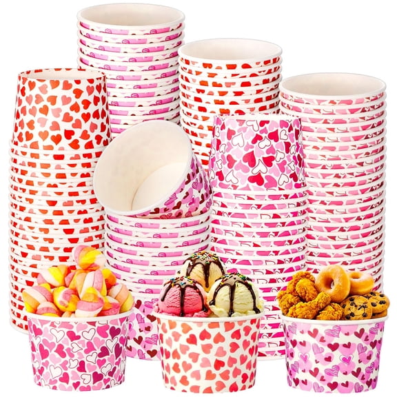 Newtay 120 Pieces Valentine's Day Heart Treat Snack Cups 8oz Disposable Paper Galentine Heart Paper Bowls Ice Cream Snack Bowls for Food Soup Hot Cold Drink Y101