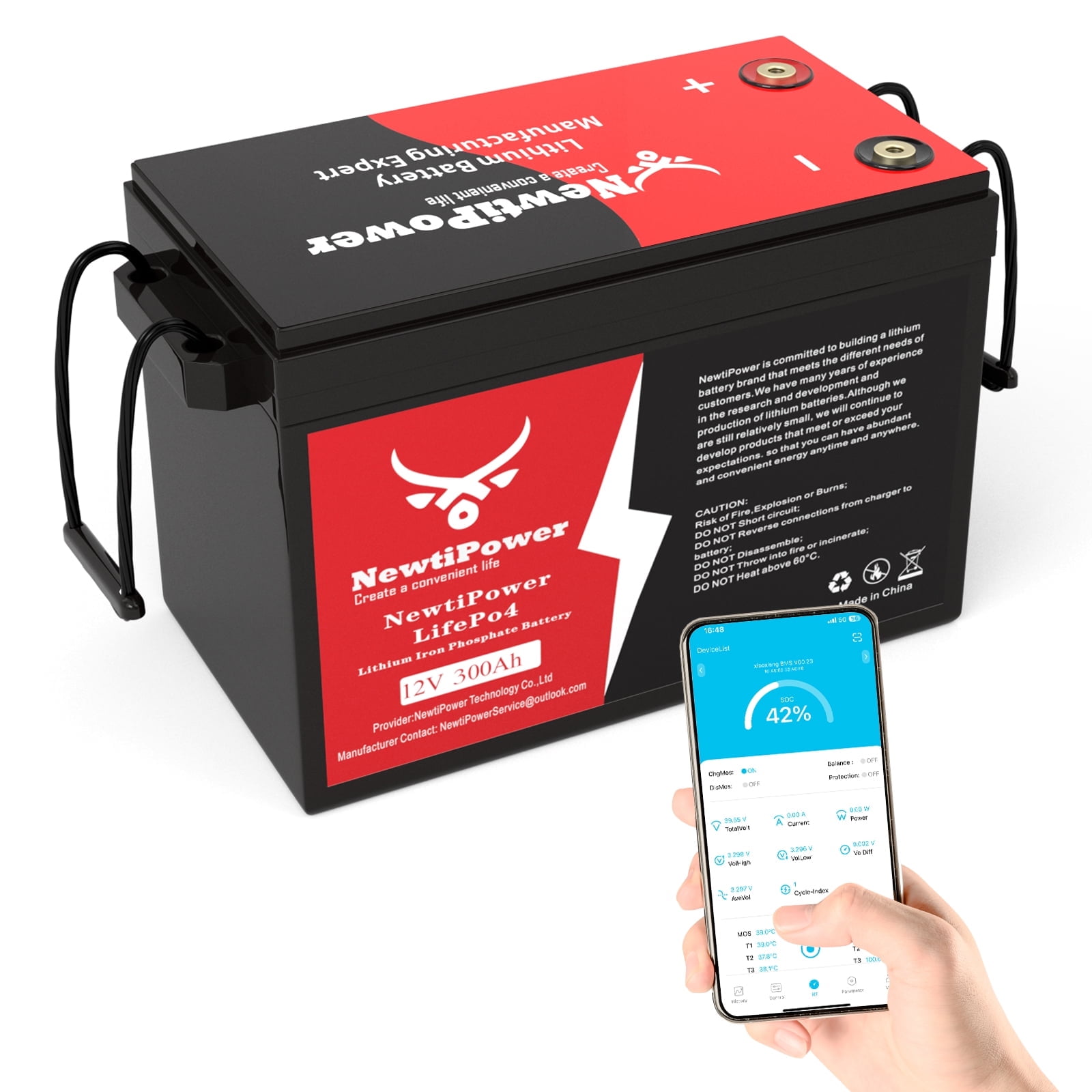 NewtiPower 12V 330Ah Smaller LiFePO4 Lithium Battery With APP & 200A BMS,10000+ Cycle for RV and Power Storage