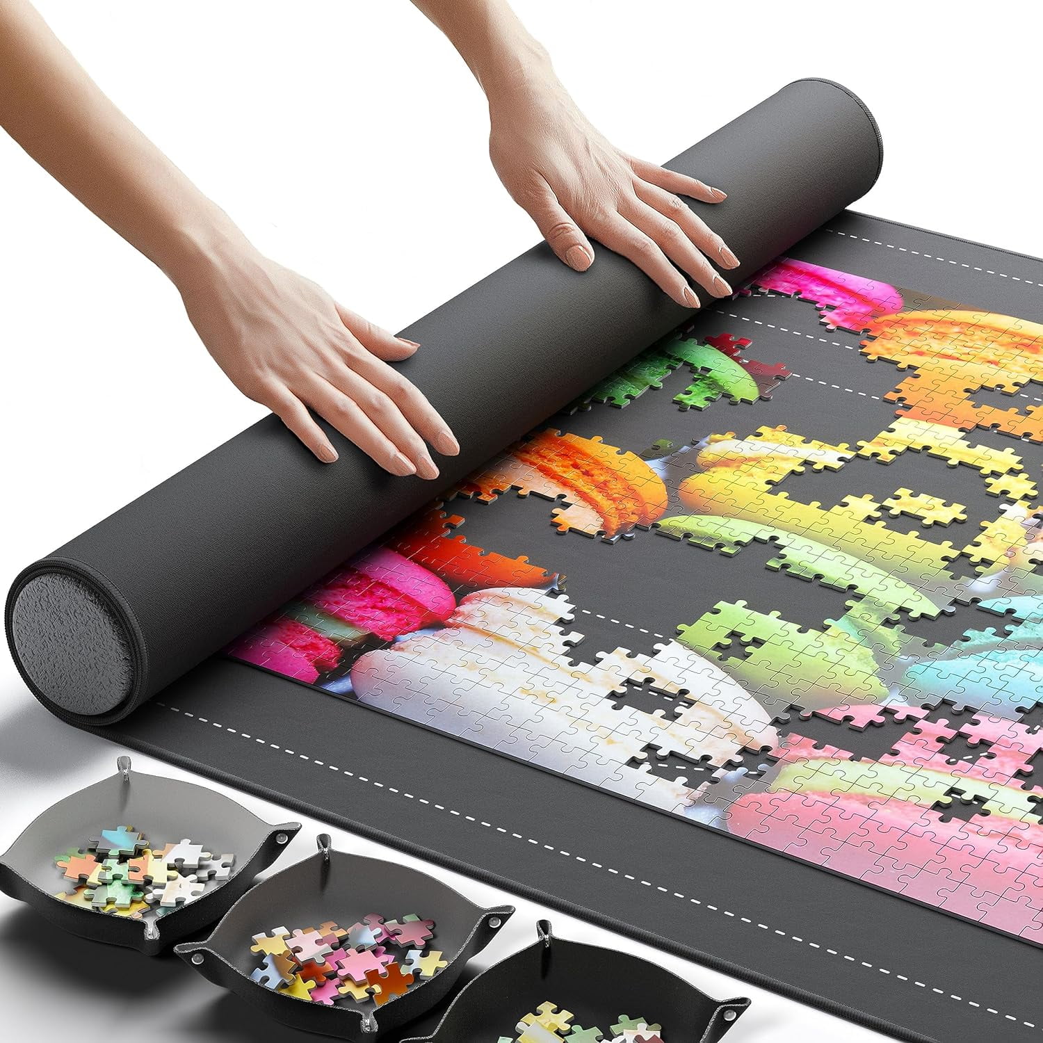 Black Non-Slip Rubber Jigsaw Puzzle Mat with Sorting Trays