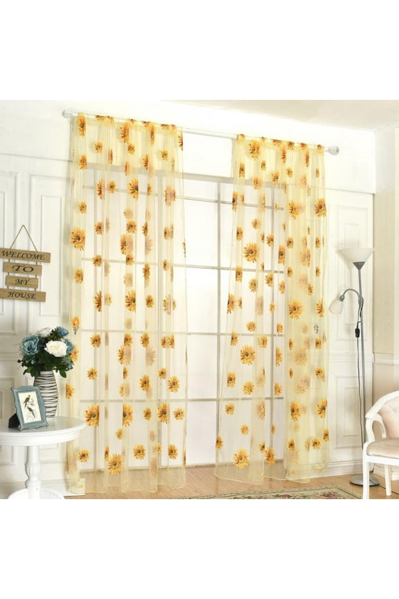 95*200cm Sunflowers Printed Sheer Window Panel Curtain For Kitchen Living Room Voile Screening Semi-shading Curtain Decor,Yellow