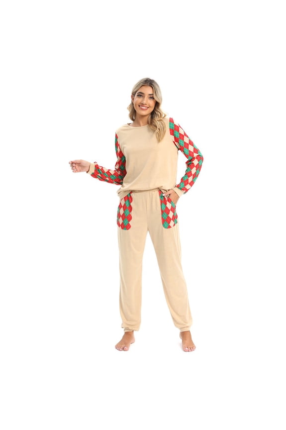 Christmas Home Clothes Ladies Underwear Trousers Pocket Printing Splicing Home Clothes Long Sleeve Pajama Suit