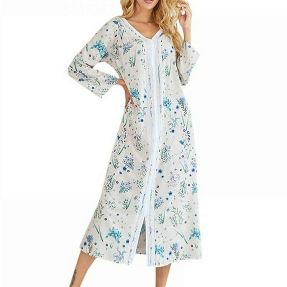 Newway Long Nightgowns for Women Soft Night Robes Long Sleeve V Neck Sleepwear Print Loungewear