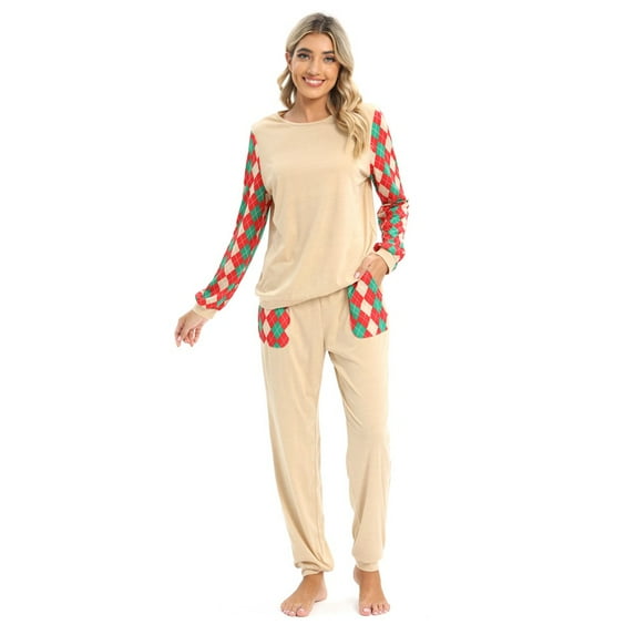 Newway Pajama Suit Christmas Home Clothes Pocket Printing Trousers Long Sleeve Ladies Underwear Splicing Home Clothes