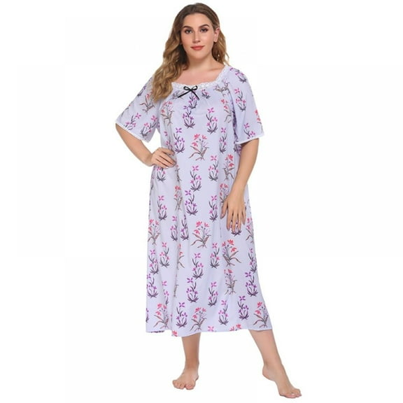 Newway Plus Size Women Nightgown Short Sleeve Floral Print Nightdress Square Neck Lounger Robe Long Sleepwear