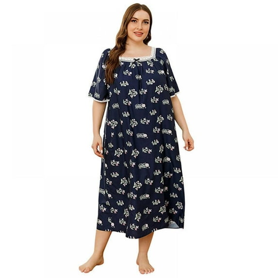Newway Plus Size Women Nightgown Short Sleeve Floral Print Nightdress Square Neck Lounger Robe Long Sleepwear