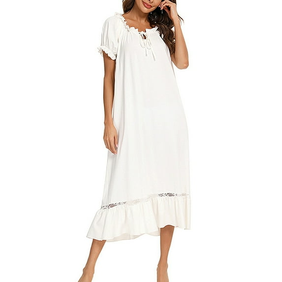 Newway Women Nightgown Vintage Victorian Princess Sleepwear Night Dress Short Sleeve Square Neck Lace Loungewear Ruffle Midi Dress