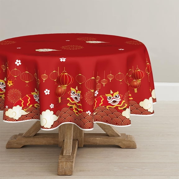 Newyear Tablecloth 60×60 Inch Round, Chinese Lunar New Year Lion Dance Lantern Red Washable Table Cover for Party Picnic Dinner Decor
