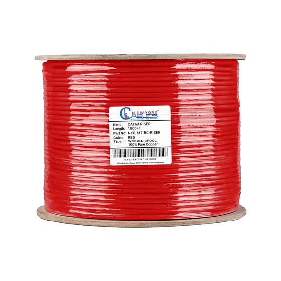 Newyork cables Cat6a Ethernet Cable 1000ft Riser (CMR) 100% Solid Copper 750Mhz 23AWG UTP Bulk Red