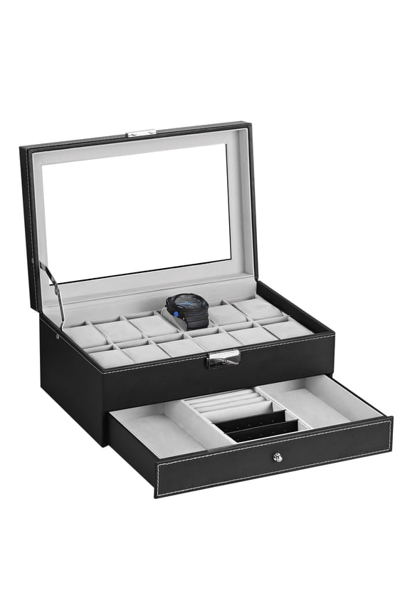 Nex Double-layer Watch Box With Transparent Lid lockable, 12 Slot Watch, Glass Top Drawer