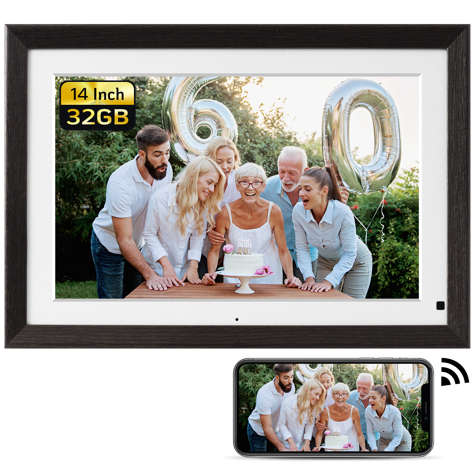 NexFoto Large 14 Inch Digital Picture Frame with Remote Control, 32GB WiFi Digital Photo Wood