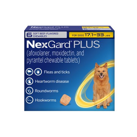 NexGard Plus Flea, Tick & Heartworm Chewable for Dogs 17.1-33 lbs, Beef Flavor, Gold Box