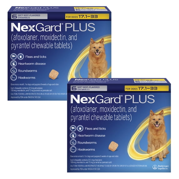 NexGard Plus Flea, Tick & Heartworm Chewable for Dogs 17.1-33 lbs, Beef Flavor, Gold Box