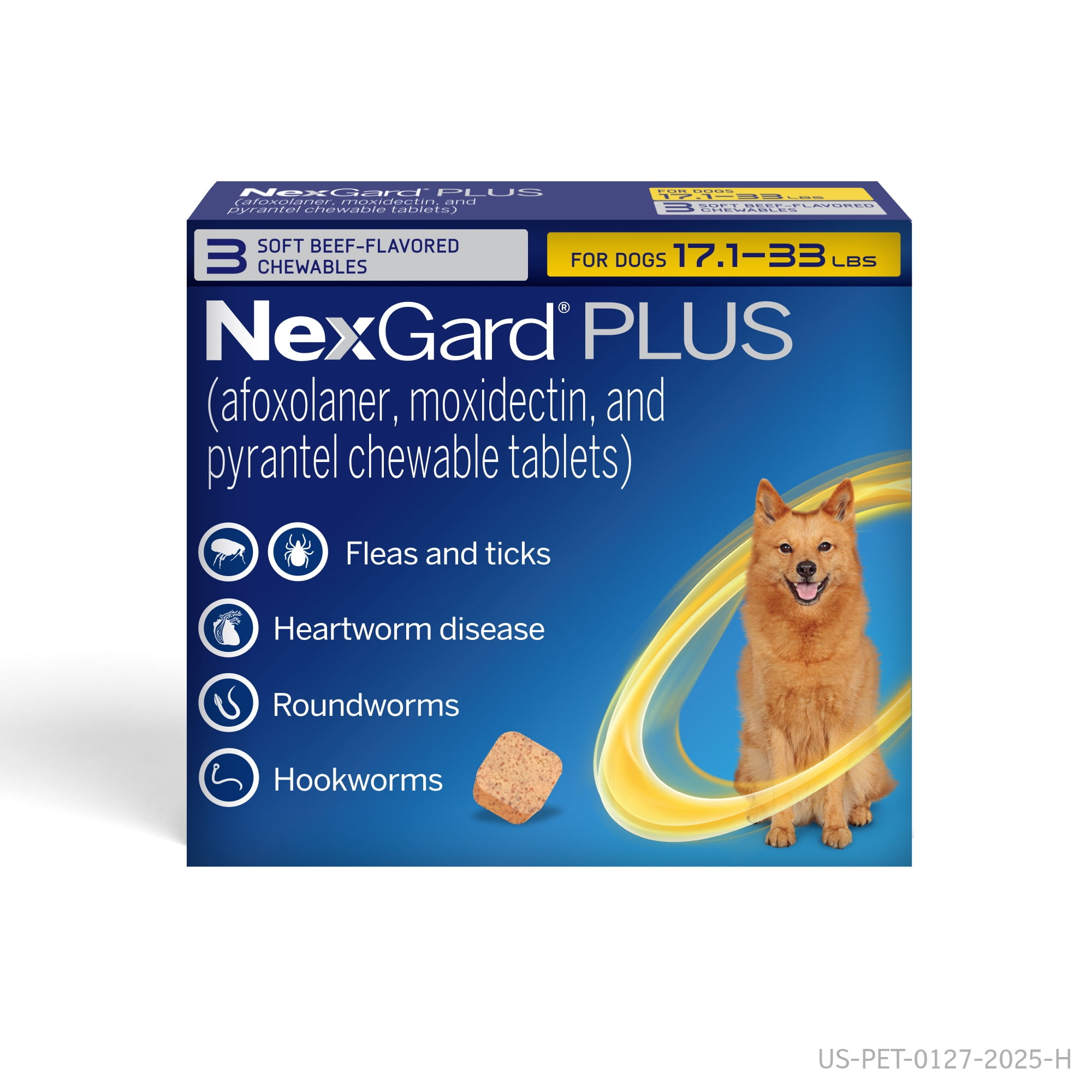 NexGard Plus Flea, Tick & Heartworm Chewable for Dogs 17.1-33 lbs, Beef Flavor, Gold Box