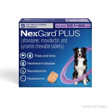 NexGard Plus Flea, Tick & Heartworm Chewable for Dogs 33.1-66 lbs, Beef Flavor, Purple Box