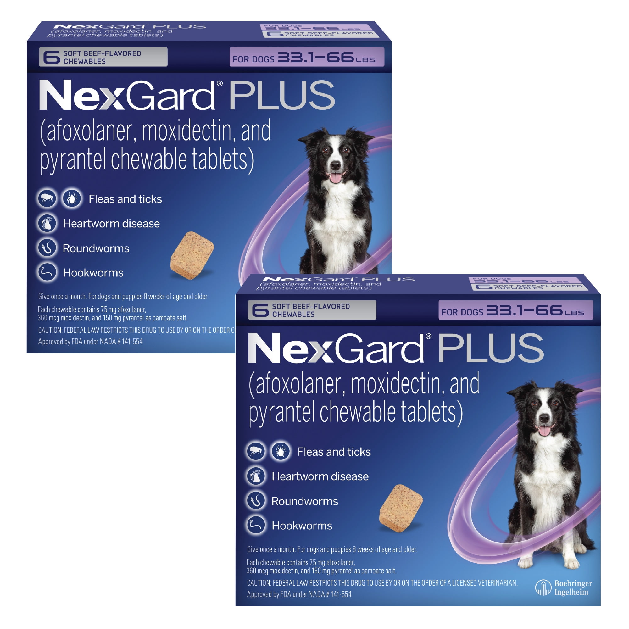 NexGard Plus Flea, Tick & Heartworm Chewable for Dogs 33.1-66 lbs, Beef Flavor, Purple Box