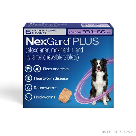 NexGard Plus Flea, Tick & Heartworm Chewable for Dogs 33.1-66 lbs, Beef Flavor, Purple Box