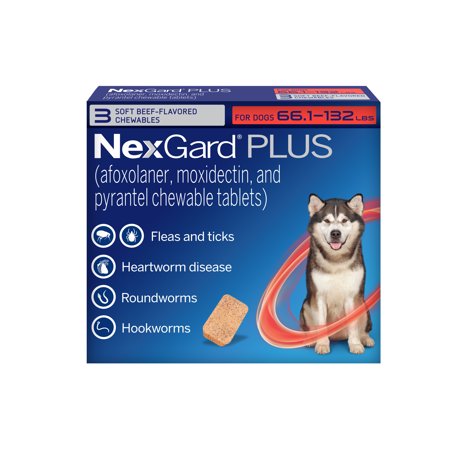 NexGard Plus Flea, Tick & Heartworm Chewable for Dogs 66.1-132 lbs, Beef Flavor, Red Box