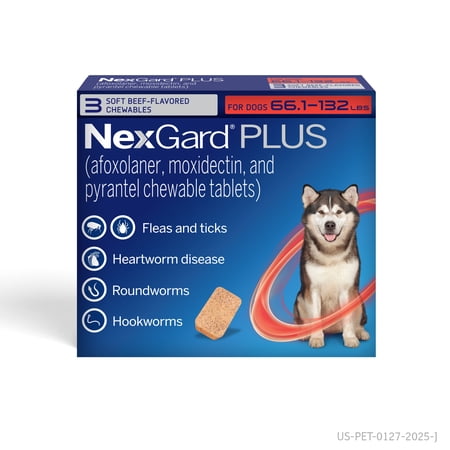 NexGard Plus Flea, Tick & Heartworm Chewable for Dogs 66.1-132 lbs, Beef Flavor, Red Box