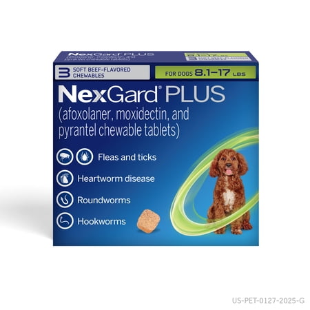 NexGard Plus Flea, Tick & Heartworm Chewable for Dogs 8.1-17 lbs, Beef Flavor, Green Box
