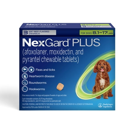 NexGard Plus Flea, Tick & Heartworm Chewable for Dogs 8.1-17 lbs, Beef Flavor, Green Box