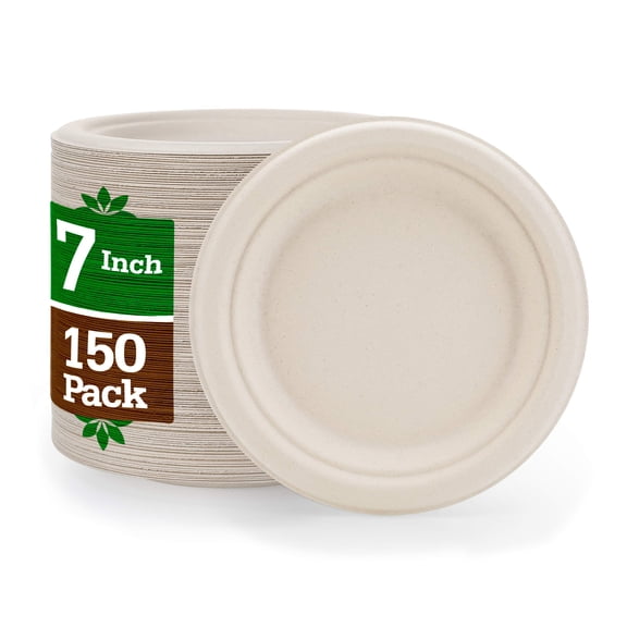 NexHex 7" Paper Plates [150-Pack] Brown AFN1Compostable Disposable Biodegradable Premium Natural Eco-Friendly Bagasse, Made of Sugar Cane Fibers Heavy-Duty Quality