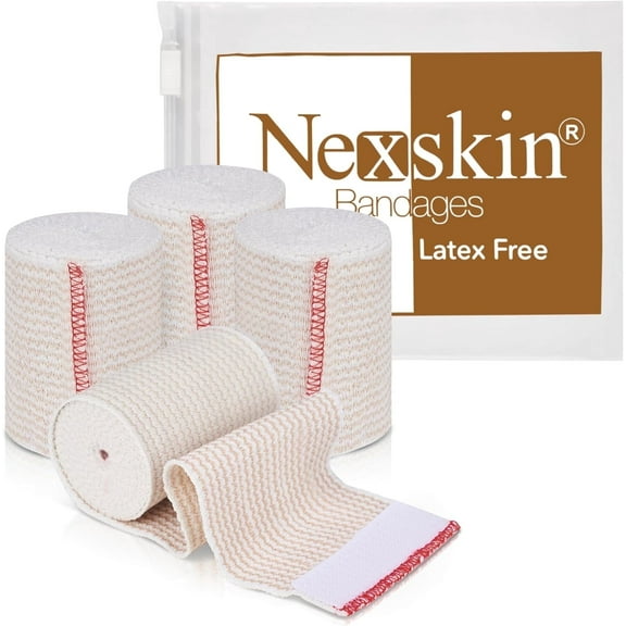 NexSkin Cotton Elastic Bandage Wrap (3" Wide, 4 Pack) | Hook & Loop Fasteners at Both Ends | Ace your Recovery for Sports | Latex Free Hypoallergenic Compression Roll for Sprains & Injuries