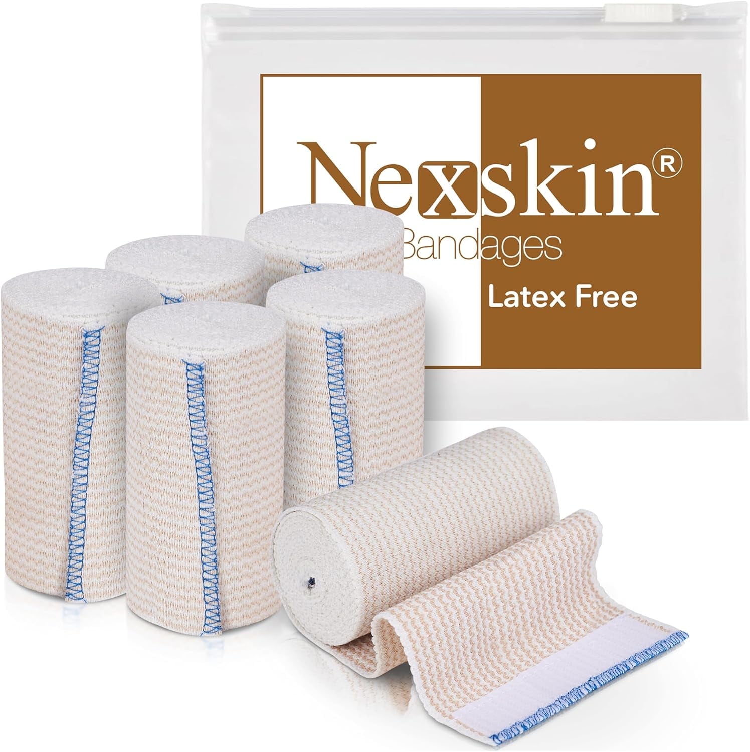 NexSkin Cotton Elastic Bandage Wrap (4" Wide, 6 Pack) | Hook & Loop Fasteners at Both Ends | Ace your Recovery for Sports | Latex Free Hypoallergenic Compression Roll for Sprains & Injuries