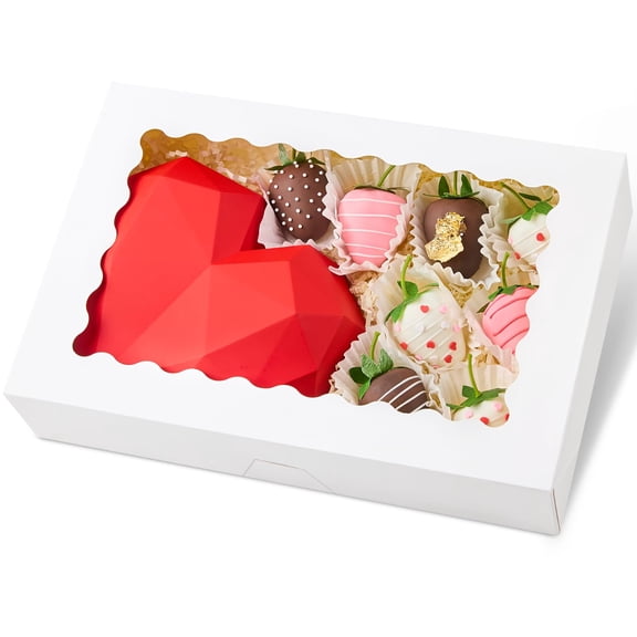 NexTone 20 PCS Bakery Boxes with Window, 12 x 8 x 2.5 Inches Pastry Boxes Auto-Popup Treat Boxes for Chocolate Covered Strawberries, Cookies, Muffins, Donuts, Breakable Hearts